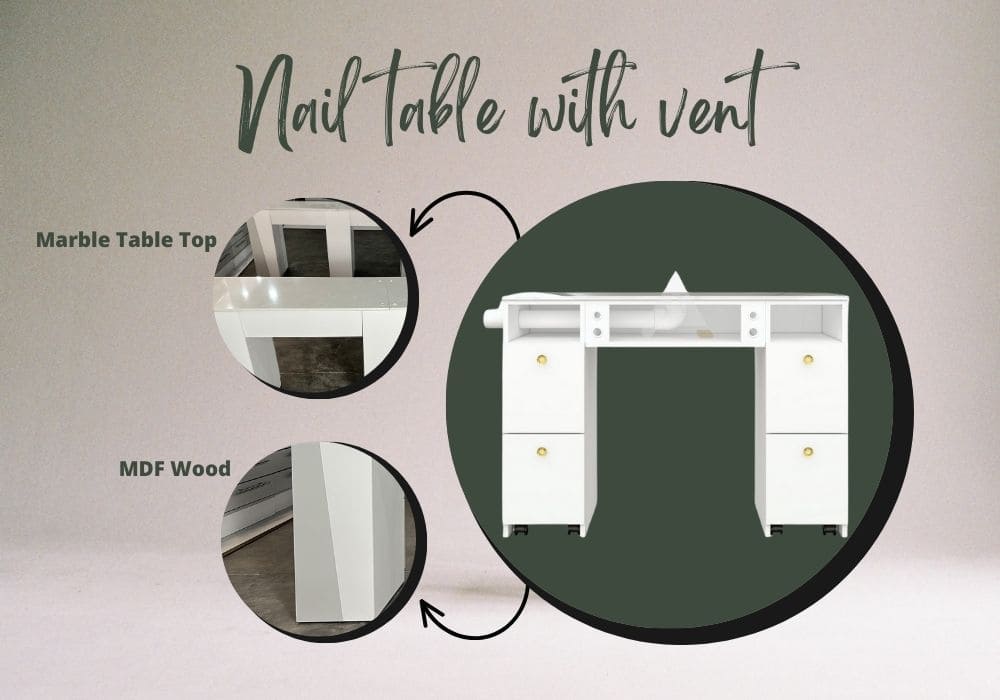 Nail table with vent combines MDF wood and marble