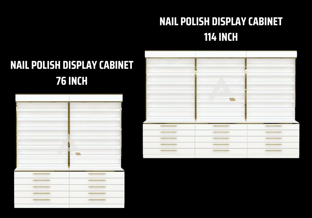 Nail polish display cabinet displays many collections of polish bottles or powder jars